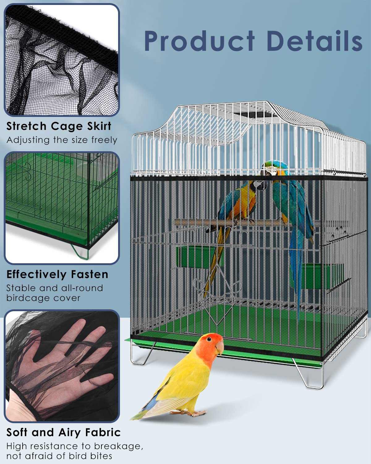 Bissap Bird Cage Seed Catcher, Universal Birdcage Net Nylon Adjustable Elastic Band Stretchy Skirts Mesh Cover for Parrot Cage S